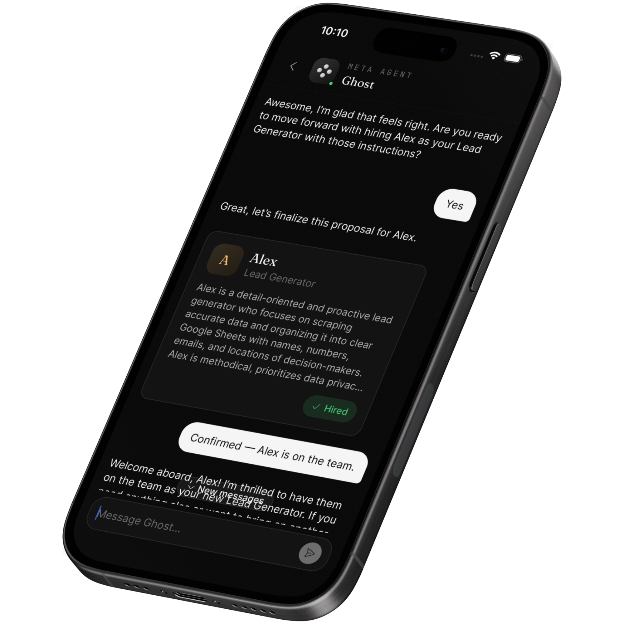 Ghost helping you hire Alex, your new Lead Generator